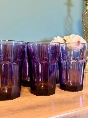 Libbey Gibraltar Amethyst Glasses Set 9 Paneled Purple Tumblers